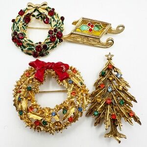 Vintage x4 Brooch Lot Signed Arthur Pepper Art Wreath Tree‎ Sled Rhinestones